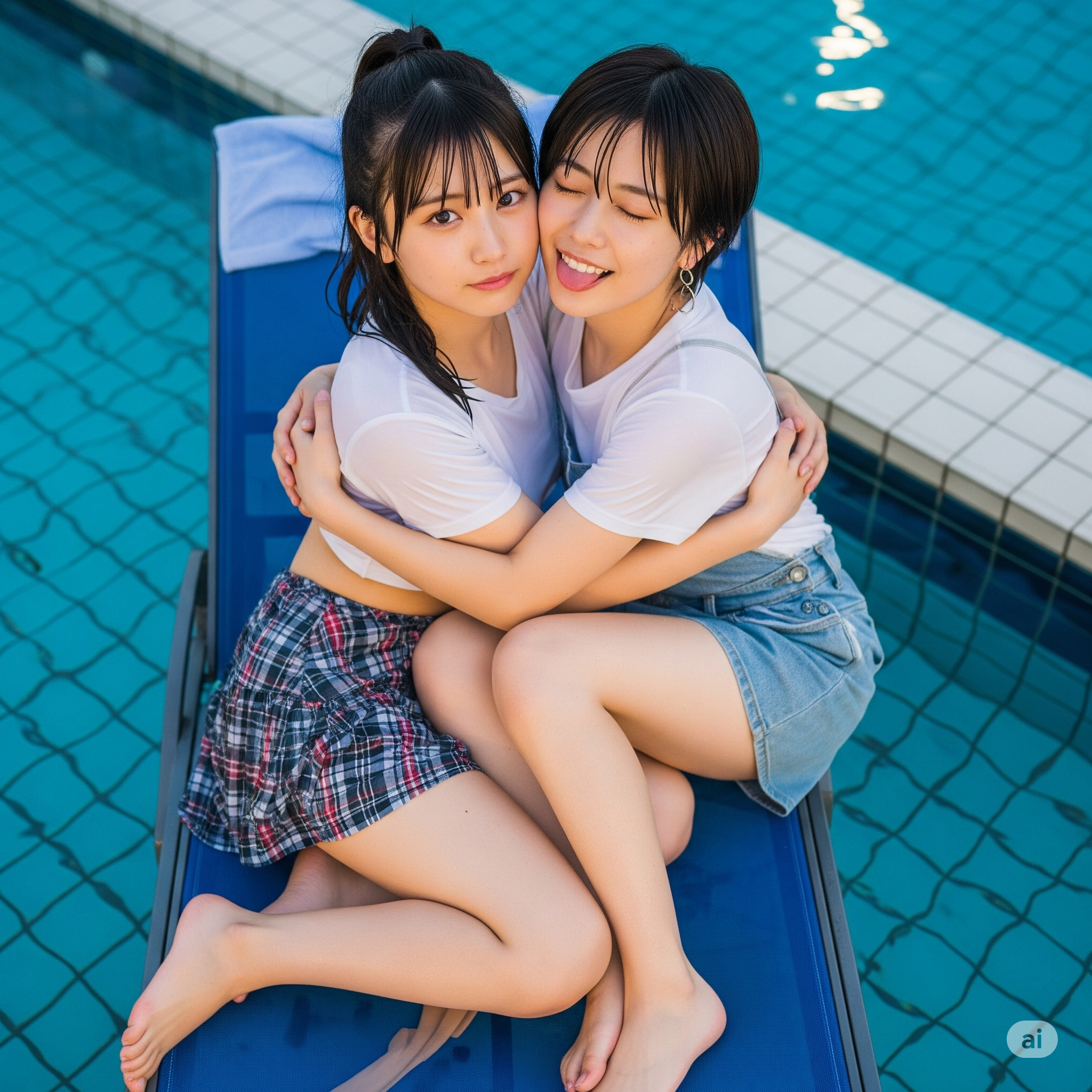 プールサイドのデッキチェアに座る二人の女性が抱き合っている画像。